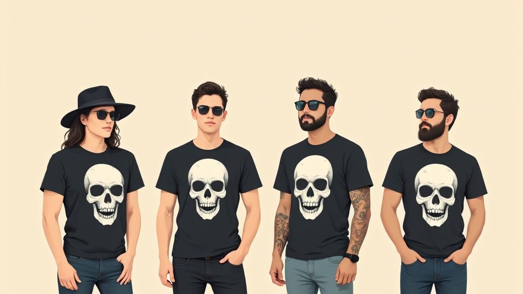 Cuatro personas con camisetas negras de calaveras, gafas de sol y diferentes estilos.