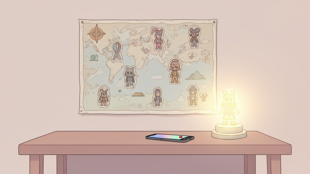 Mapa mundial con pegatinas de personajes en la pared, un smartphone y una figura luminosa en un escritorio.