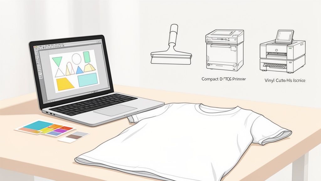 Muestra el proceso de diseño e impresión de camisetas con laptop, impresora DTG y cortadora de vinilo.