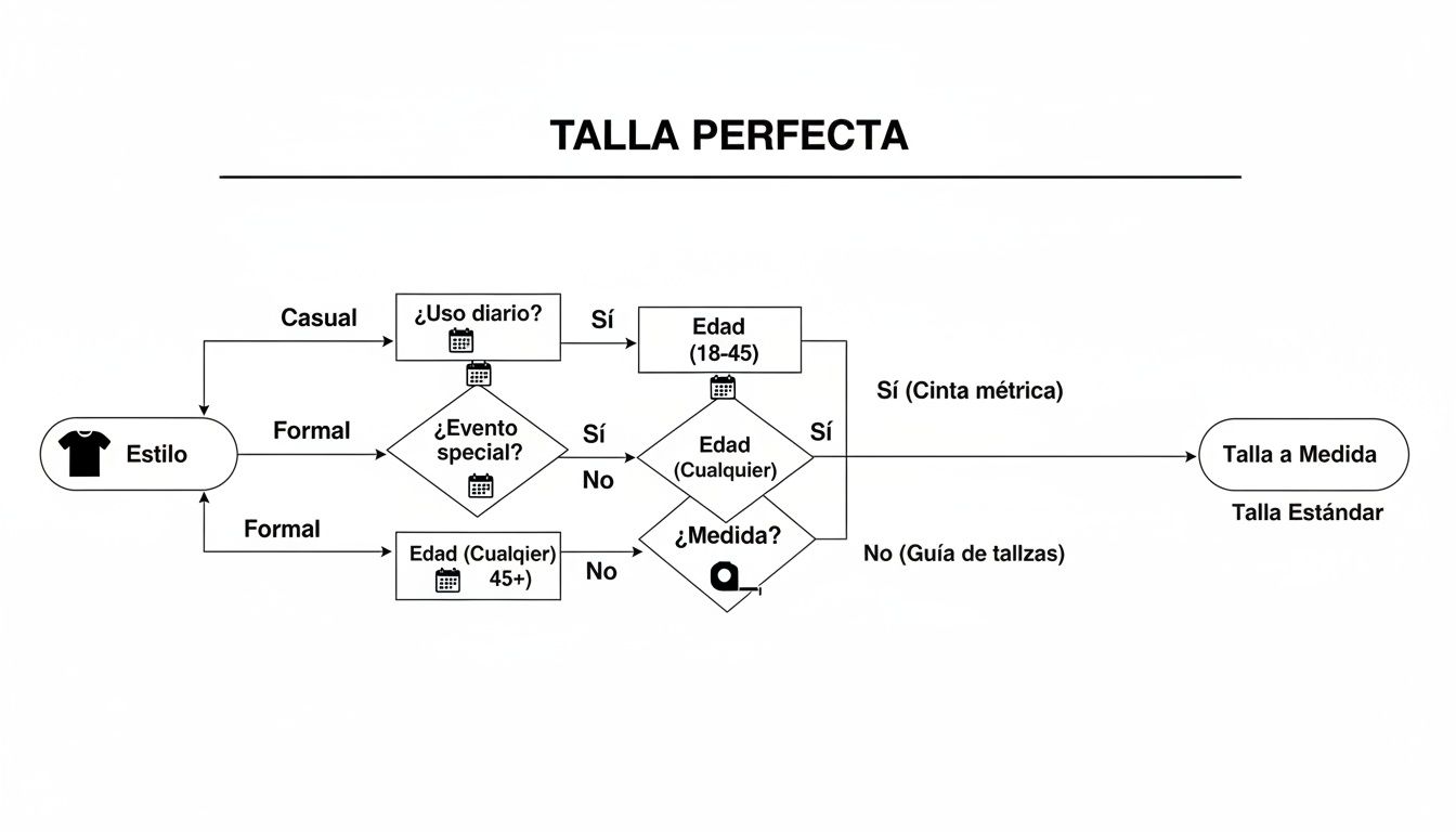 Diagrama de flujo sobre cómo seleccionar la talla de ropa ideal, considerando estilo, edad y medidas.