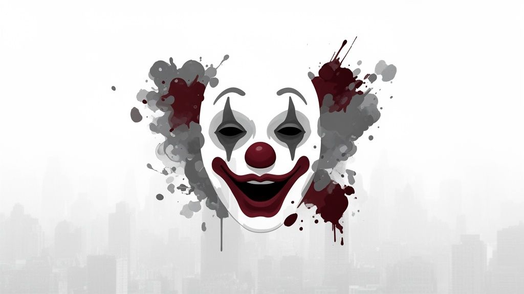 Un rostro de payaso blanco con maquillaje oscuro y salpicaduras de pintura roja y gris, sobre fondo de ciudad.