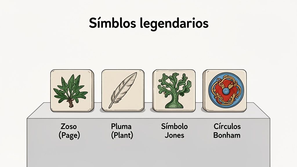 Cuatro símbolos legendarios de Led Zeppelin: Zoso, Pluma, Símbolo de Jones y Círculos de Bonham, sobre un pedestal.