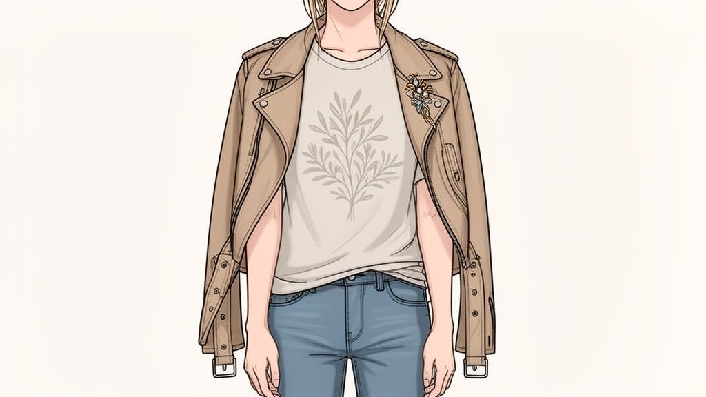 Mujer con chaqueta de cuero color camel sobre los hombros, camiseta estampada con hojas y jeans.