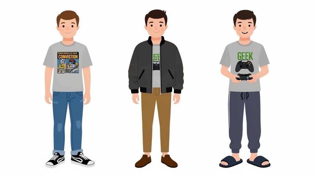 Ilustración de tres hombres sonrientes con ropa informal y diseños de camisetas de videojuegos.