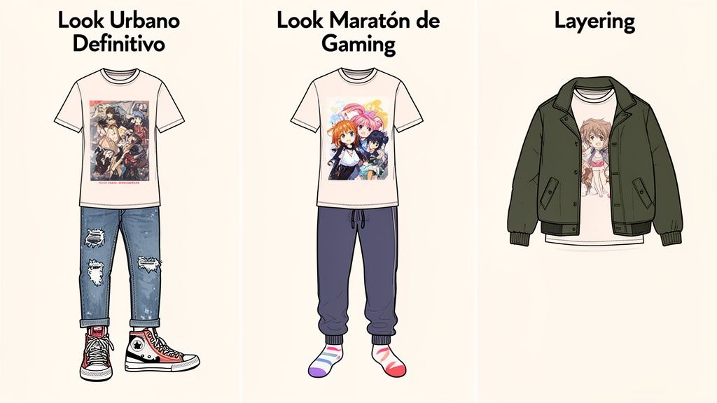 Tres looks de ropa con camisetas de anime: urbano con jeans, casual con jogger y capas con chaqueta.