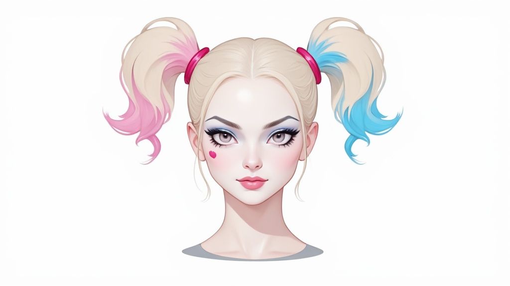 Ilustración estilizada de la cabeza de Harley Quinn con coletas de colores, maquillaje marcado y un corazón en la mejilla.