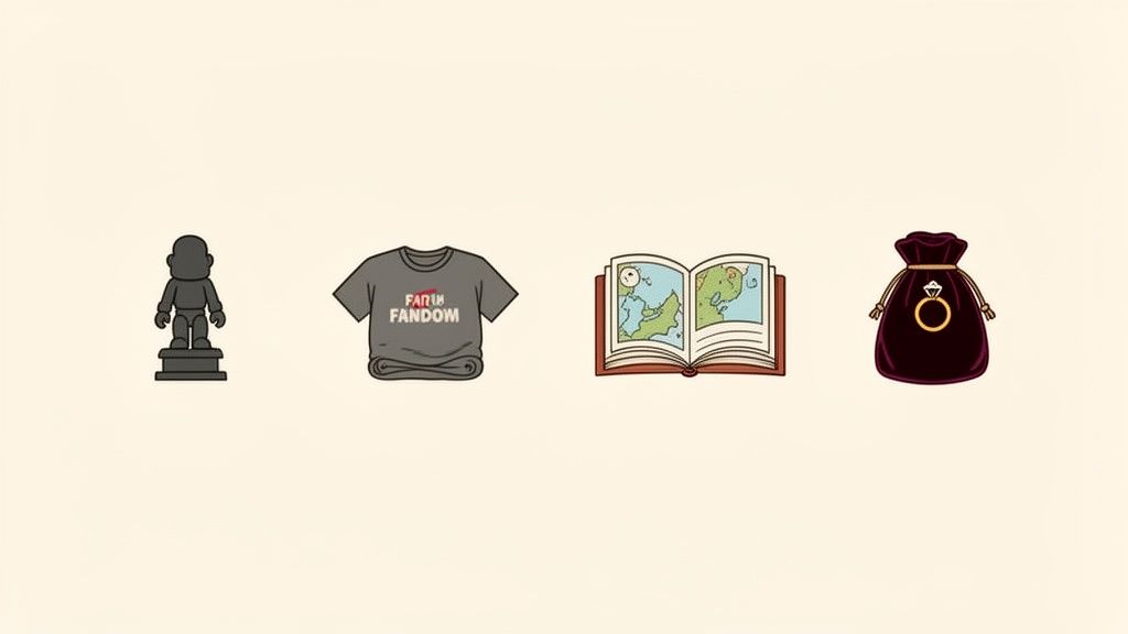 Cuatro objetos de fantasía alineados: una estatua, una camiseta, un libro con mapa y una bolsa con un anillo.