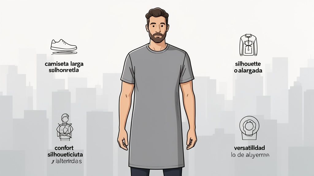 Hombre con camiseta larga gris que ilustra sus atributos de silueta, confort y versatilidad.