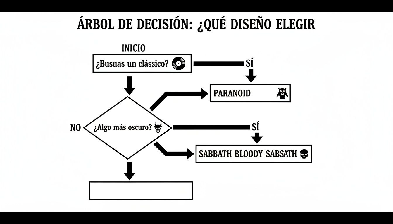 Diagrama de árbol de decisión para elegir diseños de camisetas de Black Sabbath, mostrando opciones clásicas y oscuras.