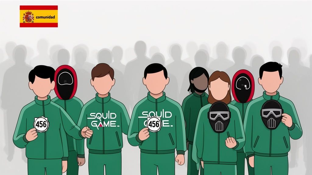 Grupo de personas con chándales verdes de El Juego del Calamar, algunos sosteniendo números y máscaras.