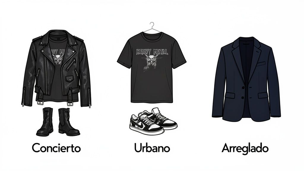 Ilustración de tres estilos de moda masculina: rockero para concierto, urbano con camiseta heavy metal y formal con blazer.