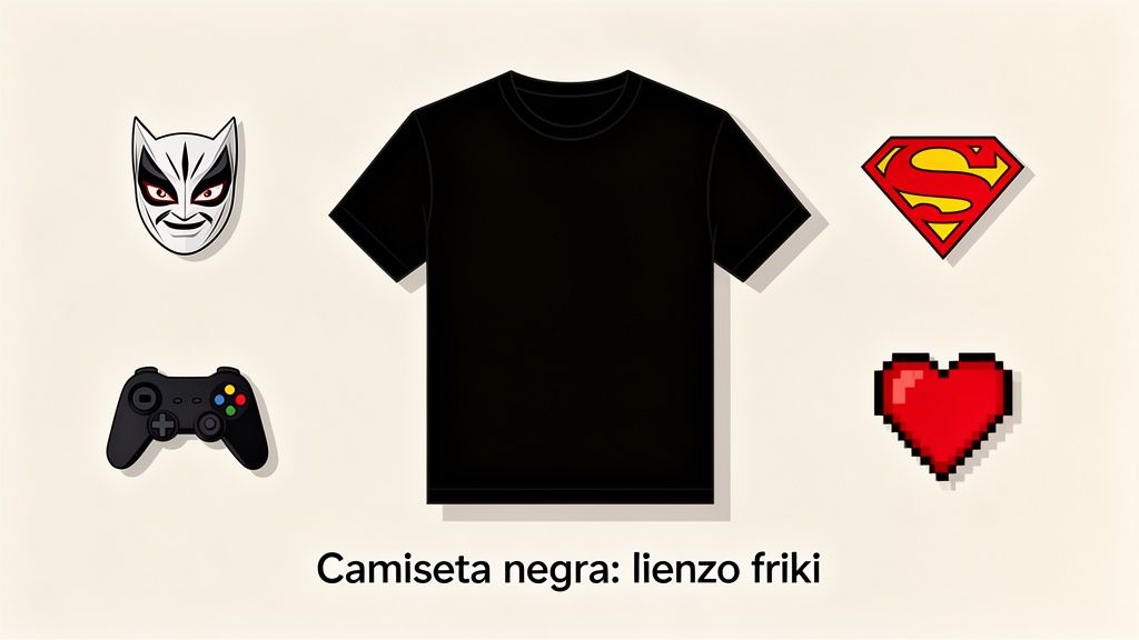 Camiseta negra lisa con iconos frikis alrededor: mando de consola, máscara, logo de Superman y corazón pixelado.