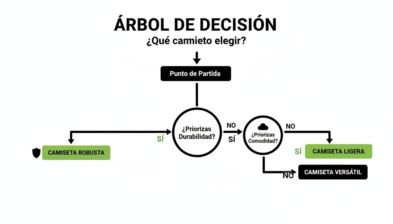 Árbol de decisión para elegir camiseta: prioriza durabilidad o comodidad para encontrar la opción perfecta.
