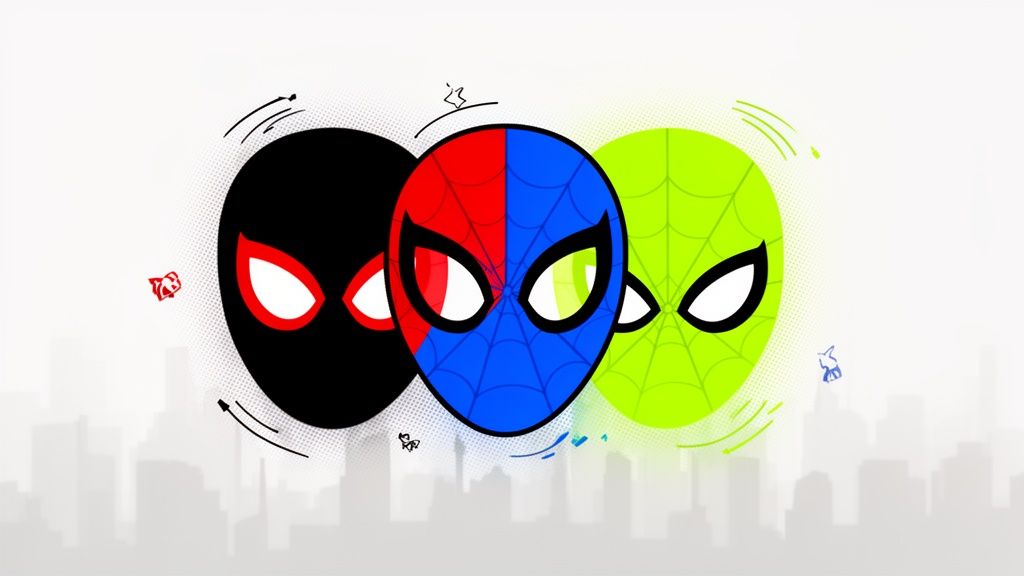 Tres máscaras vibrantes de Spider-Man (negra, roja/azul, verde) sobre un fondo de ciudad.
