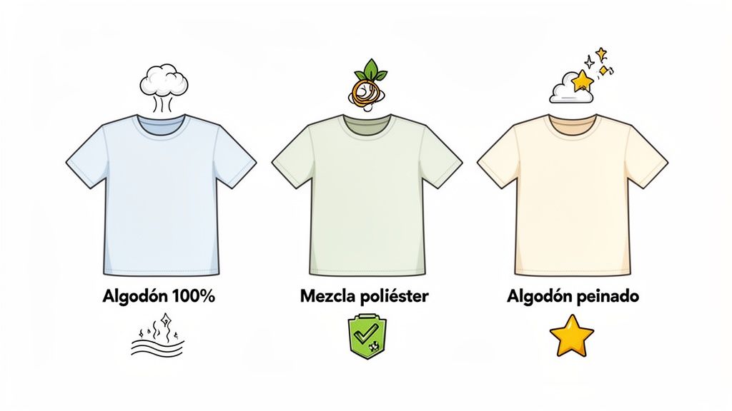 Comparativa de tres camisetas: algodón 100%, mezcla poliéster y algodón peinado, mostrando sus propiedades.
