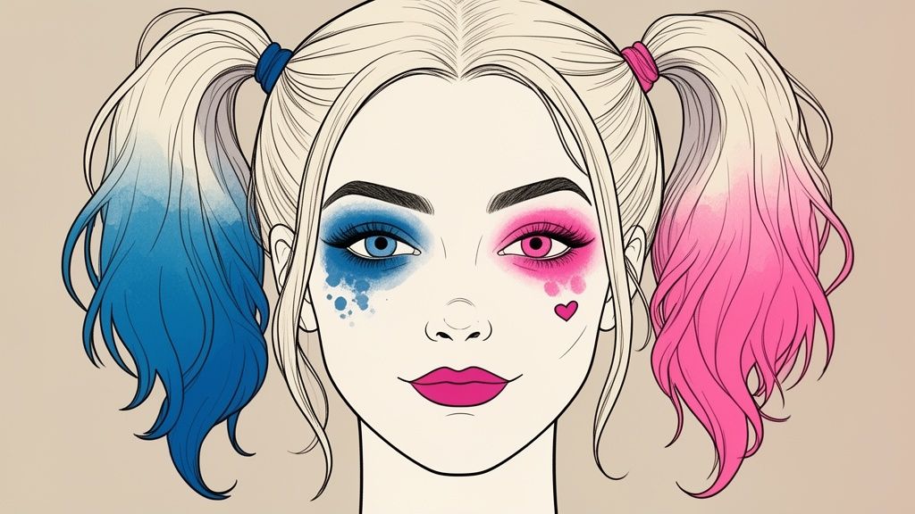 Ilustración de la cara de Harley Quinn con coletas rubias, maquillaje de ojos azul y rosa, y labios fucsia.
