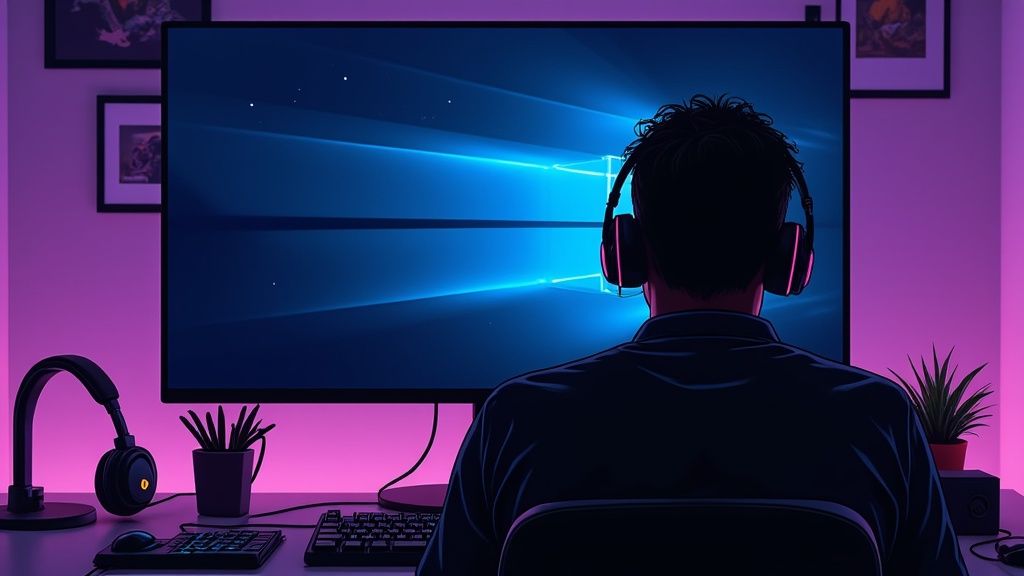 Persona con auriculares frente a un monitor mostrando el logo de Windows, en un setup gamer con iluminación morada.