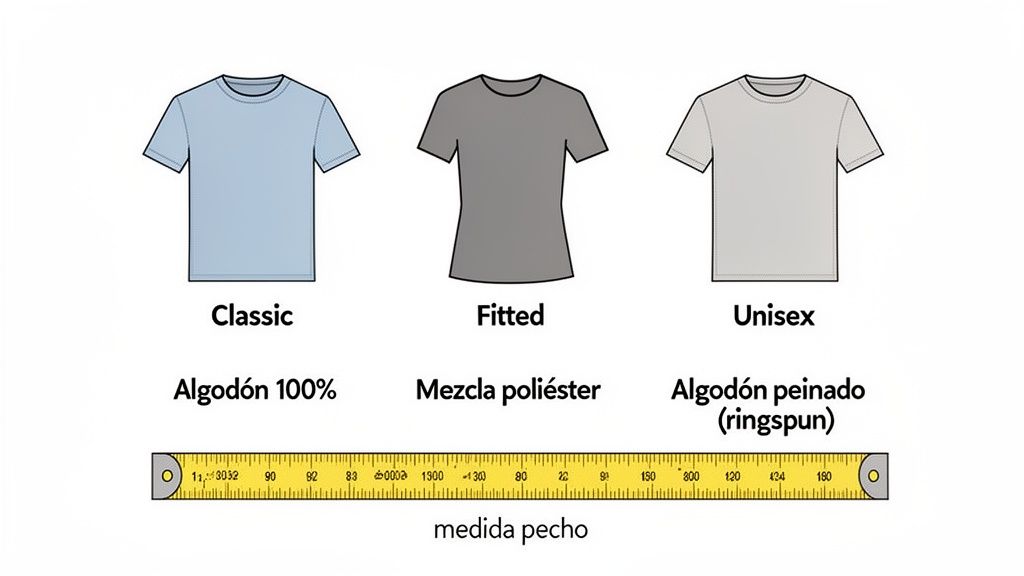 Comparación de tres tipos de camisetas: Clásica (100% algodón), Ajustada (mezcla poliéster) y Unisex (algodón peinado), con guía de medida de pecho.