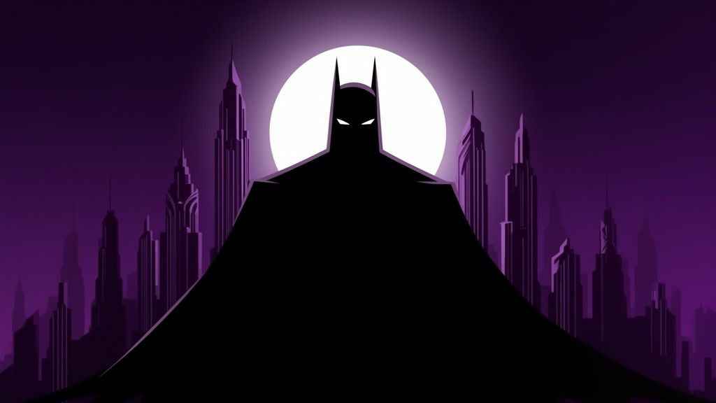 Silueta de Batman con capa larga frente a una brillante luna llena y la ciudad gótica morada.
