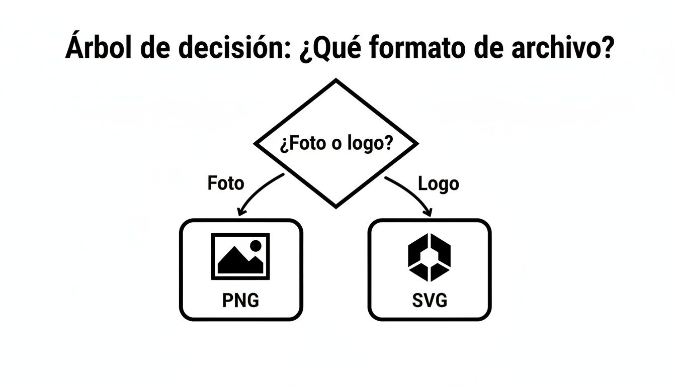 Árbol de decisión simple que sugiere PNG para fotos y SVG para logotipos, para elegir el formato de archivo correcto.