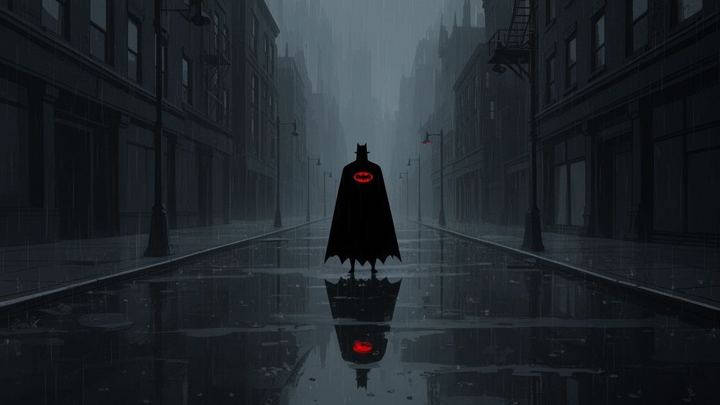 Silueta de Batman bajo la lluvia en una calle oscura de la ciudad, con el emblema rojo reflejado.