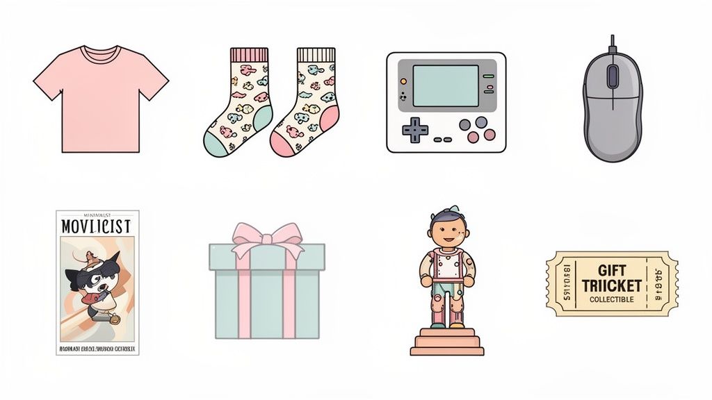 Variedad de ideas de regalos: camiseta, calcetines, consola portátil, ratón de ordenador, póster, caja de regalo, figura y boleto.