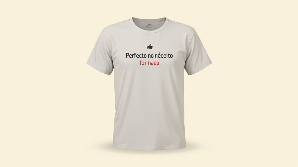 Camiseta gris claro con el texto humorístico "Perfecto no néceito for nada" y un ícono de pulgar arriba.