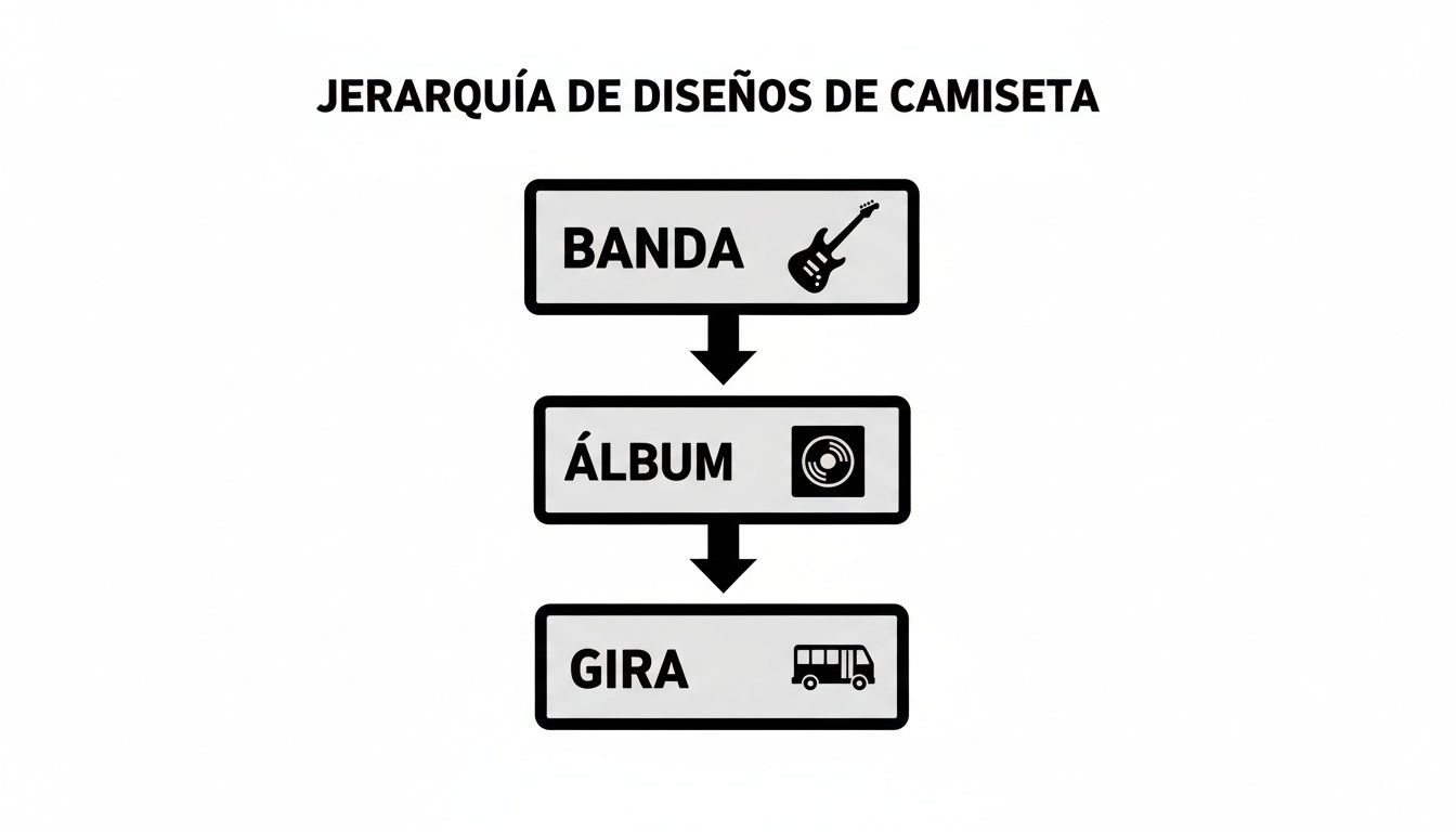 Diagrama de flujo que ilustra la jerarquía de diseños de camisetas: banda, álbum y gira.