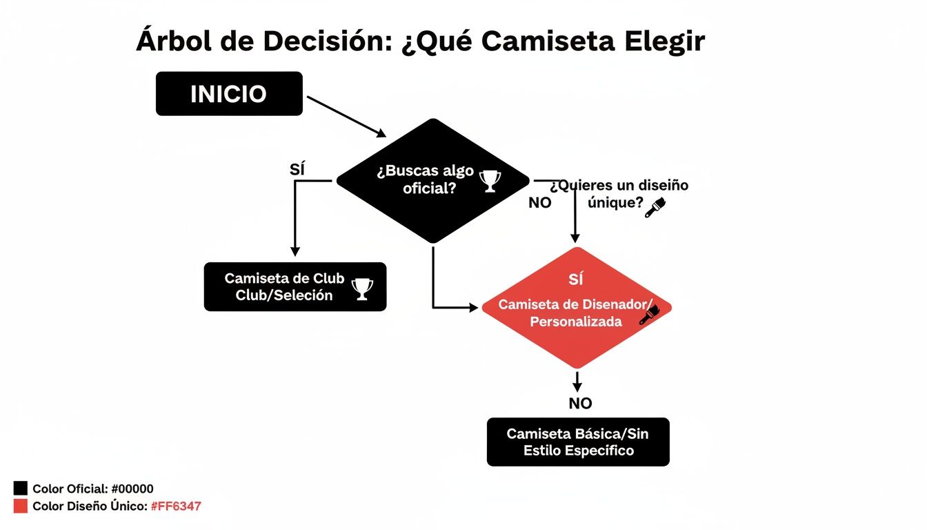 Diagrama de flujo para elegir una camiseta: entre opciones oficiales, de diseño único o básicas.
