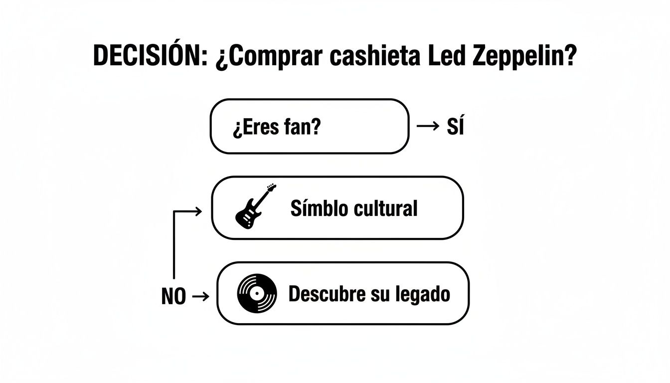 Diagrama de flujo para decidir si comprar una camiseta de Led Zeppelin, considerando si eres fan o su legado cultural.