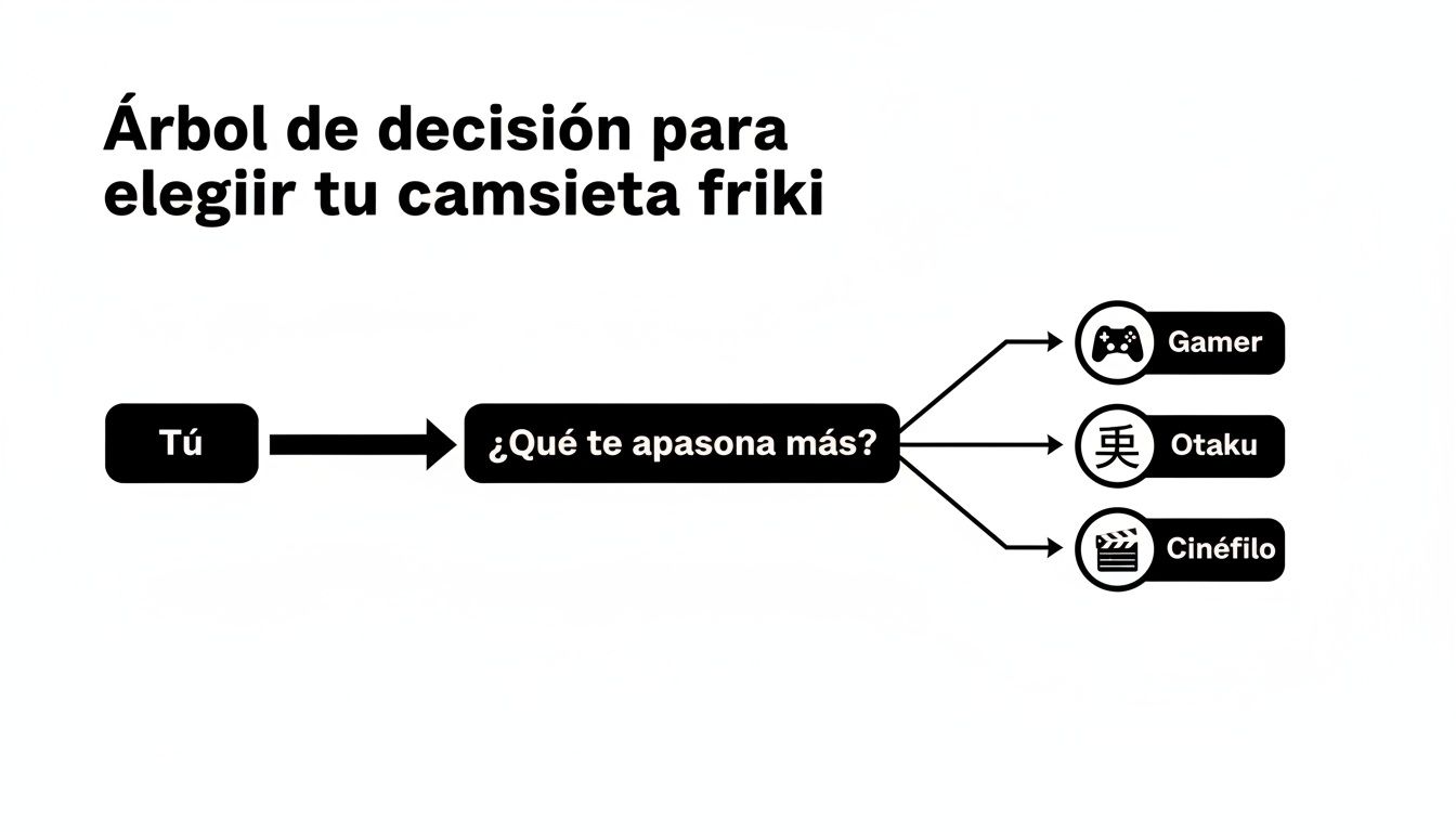 Diagrama de flujo para elegir tu camiseta friki ideal según si eres gamer, otaku o cinéfilo.