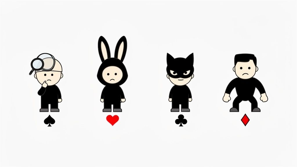 Cuatro personajes de dibujos animados, cada uno con un palo de cartas, representando temas de Alice in Borderland.