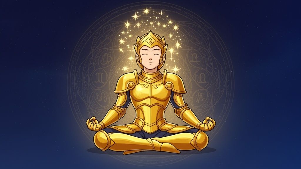 Un caballero dorado meditando con un halo de estrellas sobre su cabeza y símbolos astrológicos.