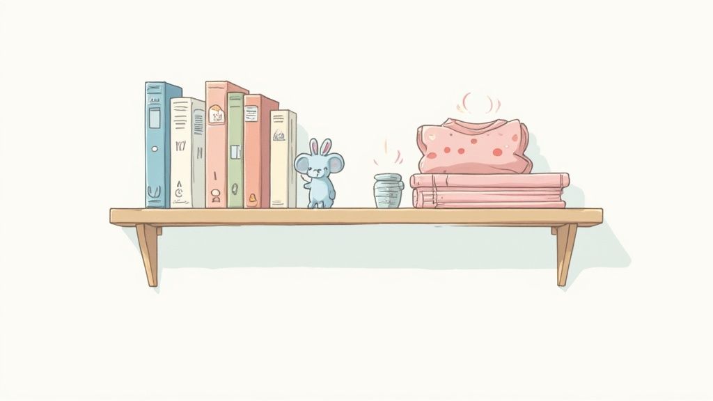 Un lindo ratón azul con orejas de conejo en un estante con libros, un frasco y ropa doblada.