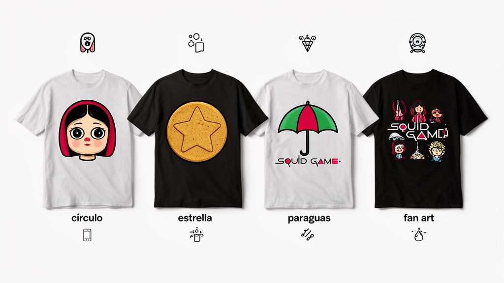 Cuatro camisetas de El Juego del Calamar: muñeca Young-hee, dalgona estrella, paraguas y fan art variado.