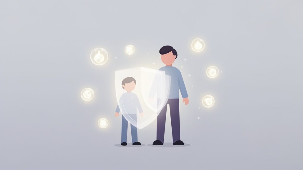 Ilustración de padre e hijo bajo un escudo brillante, rodeados de orbes luminosos, simbolizando protección familiar.