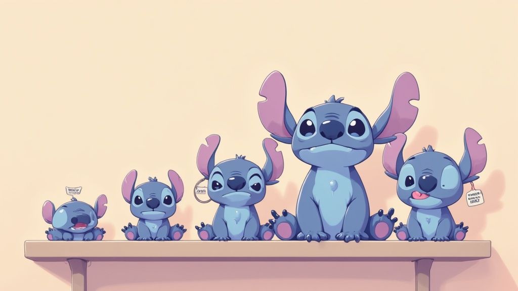 Cinco adorables personajes de Stitch azules, de diferentes tamaños y expresiones, sentados en un estante.