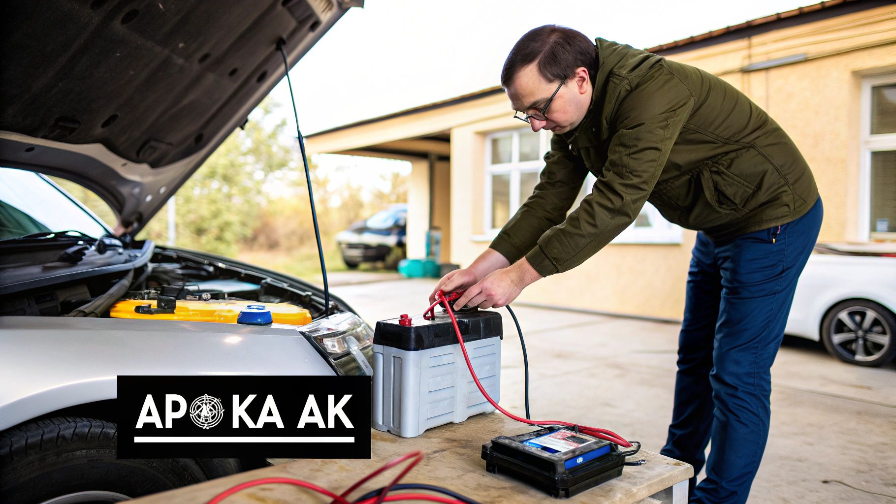 Зарядное устройство, подключенное к автомобильному аккумулятору в гараже