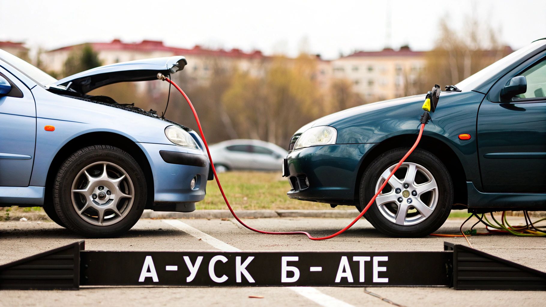 Человек подключает провода к аккумулятору автомобиля