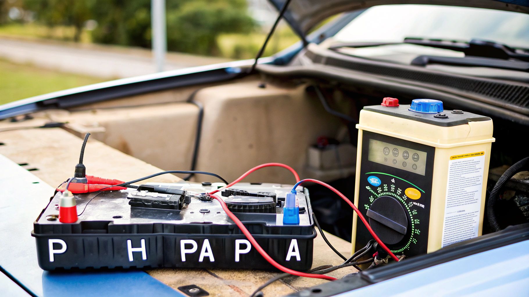 Водитель смотрит на аккумулятор под открытым капотом автомобиля