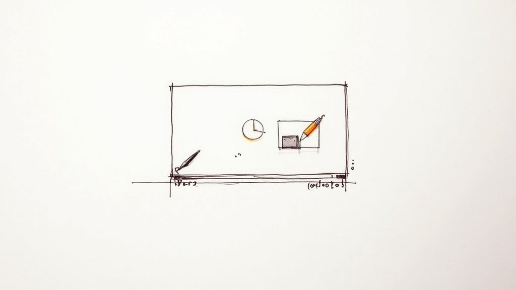 Minimalist line drawing of a workspace with a stylus, clock graphic, and orange pencil.