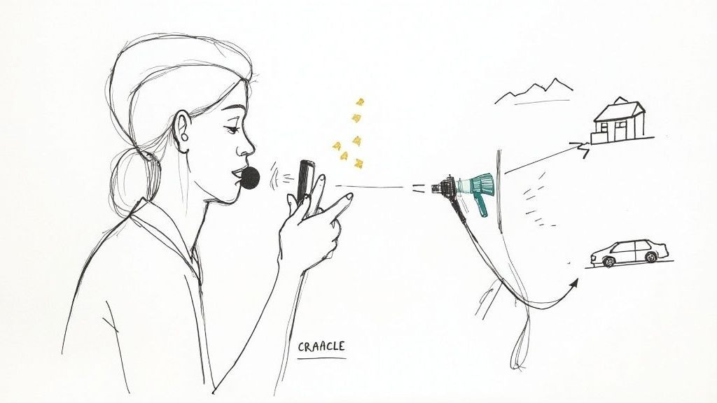 A woman speaks into a microphone connected to a smartphone, broadcasting to a distant megaphone, house, and car.