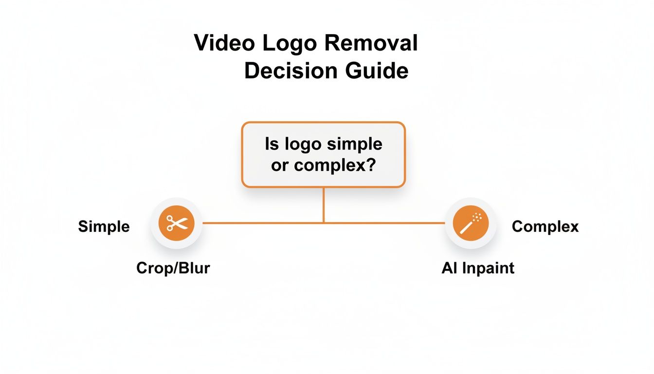A decision guide flowchart for video logo removal, asking if the logo is simple or complex.