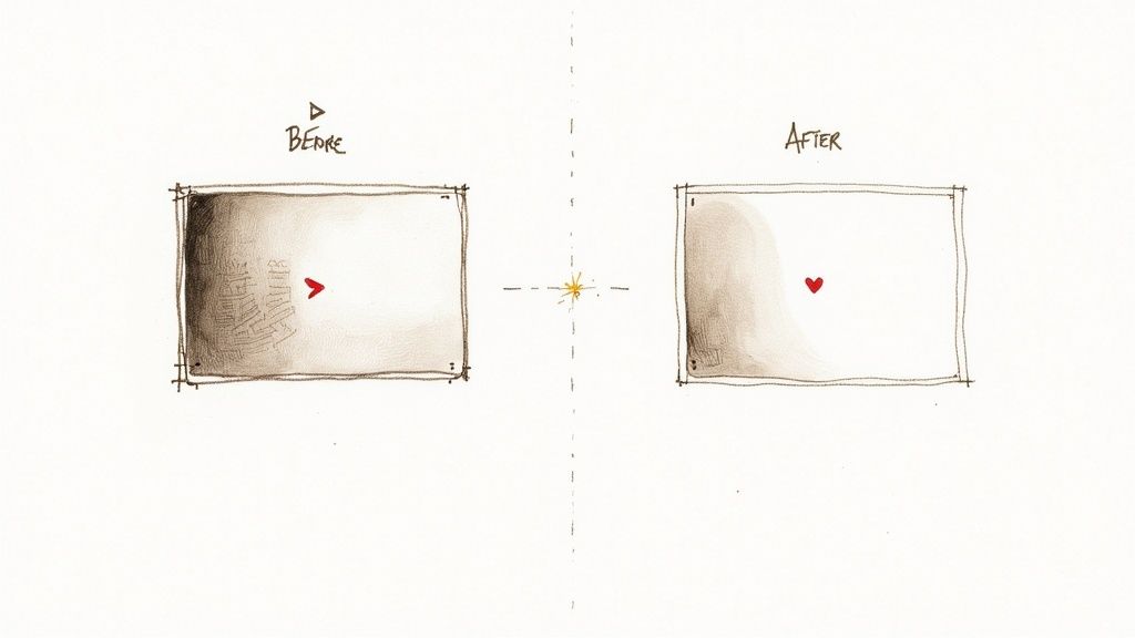 Before and after drawings show a transition from a dark, complex area to a lighter, simpler state with a heart.
