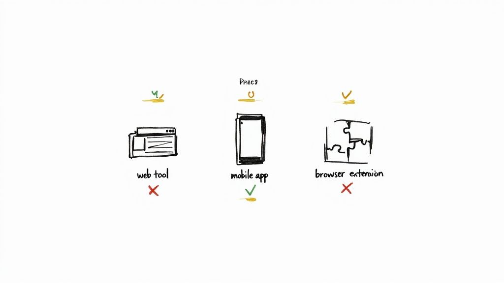 Hand-drawn comparison of web tool, mobile app, and browser extension. Mobile app is preferred with a green check, while others have red crosses.