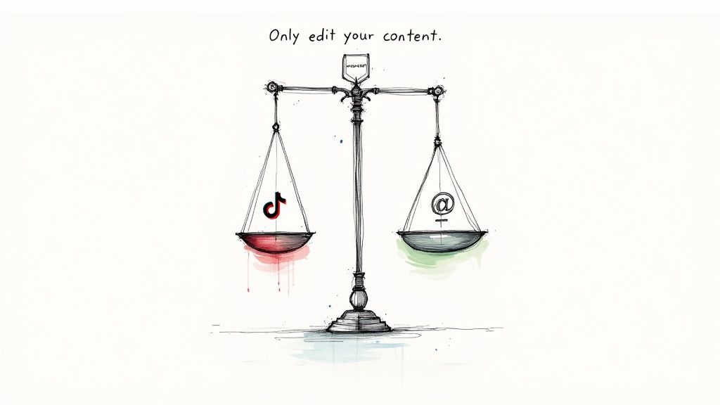 Balance scale comparing TikTok (red) and an at-symbol (green), with text 'Only edit your content.'