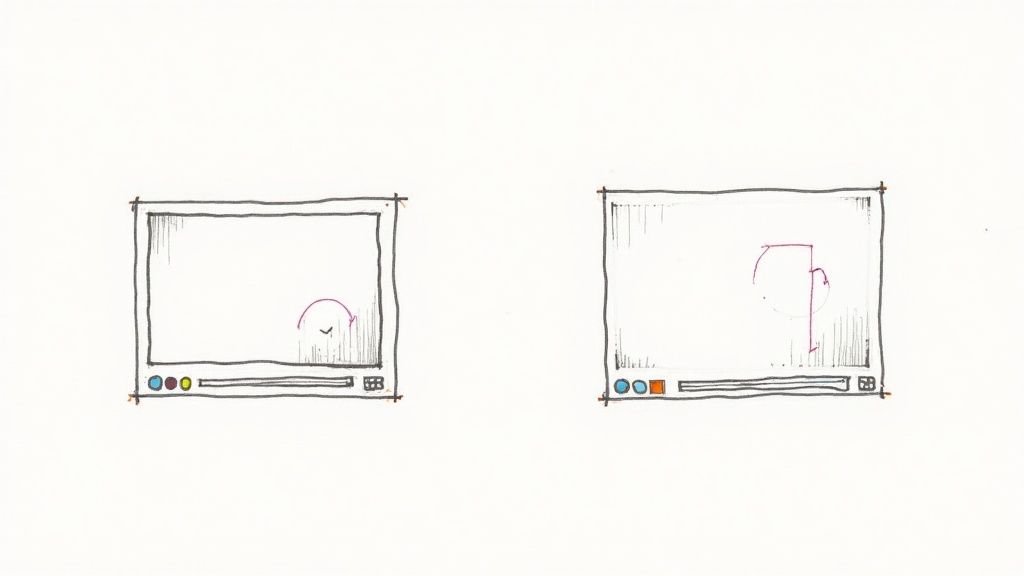 Hand-drawn sketches of two video player interfaces, showing a refresh icon and abstract rotation symbols.