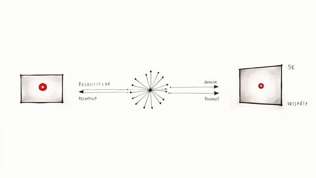 Diagram showing video resolution workflow from reconstruction to preconduct with denoise processing in 5K upscale
