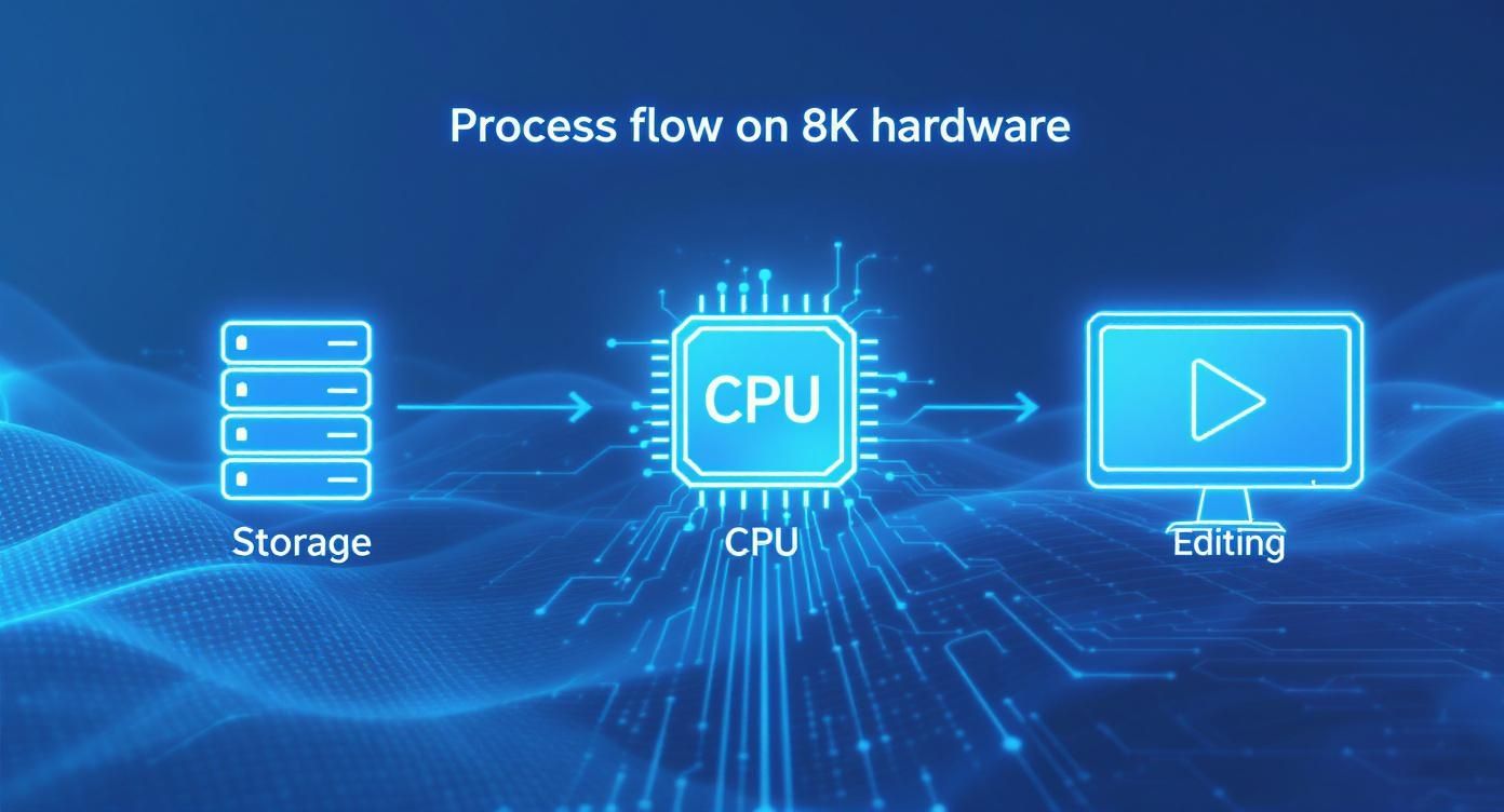Diagram showing 8K video processing workflow from storage through CPU to editing interface
