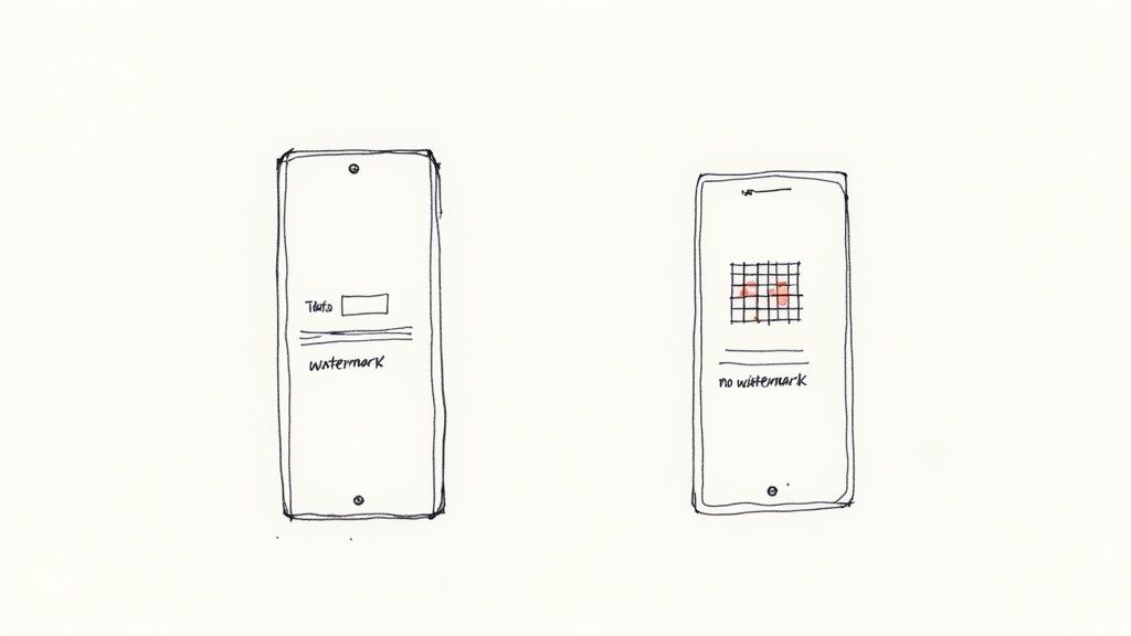 Two hand-drawn mobile phone screens illustrate content with a watermark and content without a watermark.